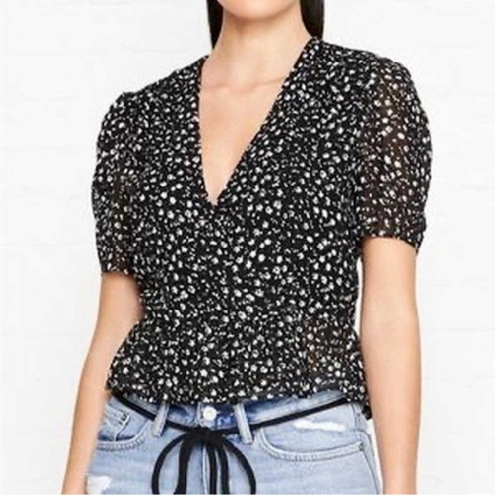 AllSaints Womens Wrap Top Sz‎ 4 Black White Floral Ruffle Peplum Hem Chiffon